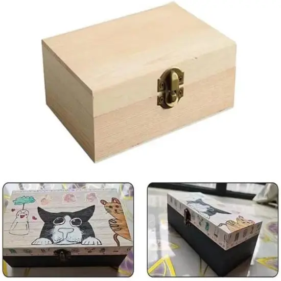 Unfinished wooden box, 8x4x2.3 inch storage box with hinge lid, small wooden box with rectangular souvenir and craft {4}