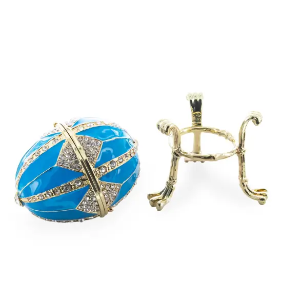 Crystal Rhombus on Blue Enamel Royal Inspired Metal Easter Egg 3.15 Inches {3}