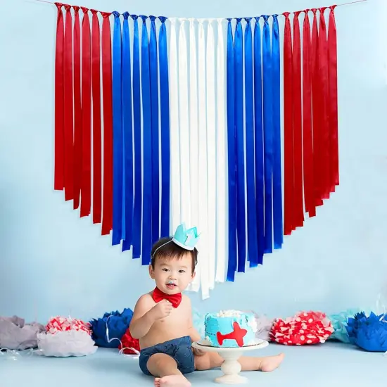 Red Blue and White Party Decorations Ribbon Fringe Hanging Curtain Streamer Backdrop Garlands for 4th of July American Independence Day USA National Day Patriotic Veterans Birthday Graduation Wedding {5}