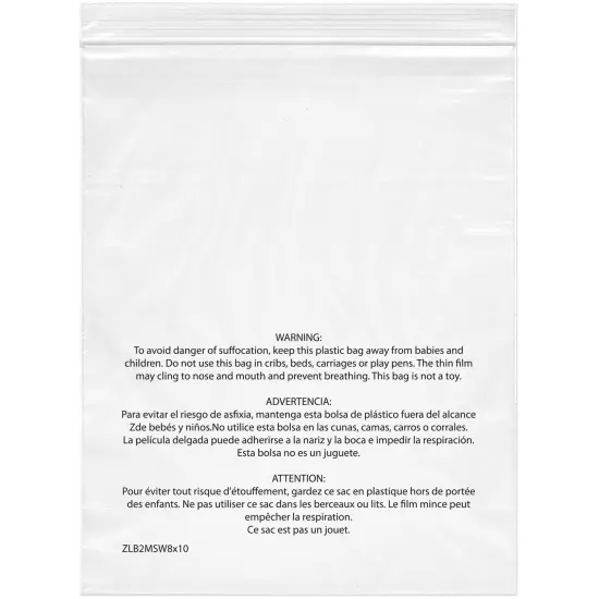 Plymor Zipper Reclosable Plastic Bags With Printed Suffocation Warning, 2 Mil, 10" x 13" {1}