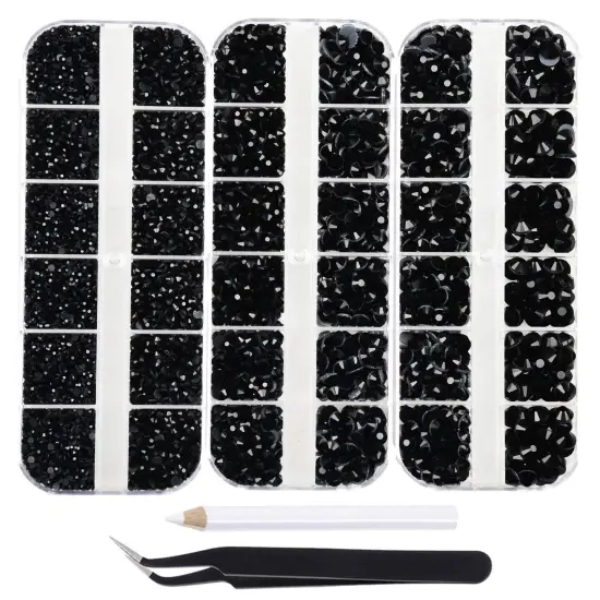 7000pcs+ Flatback Glass Hotfix Iron On Rhinestones Crystal for DIY Making with 1 Tweezer & 1 Picking Pen for Shoes, Clothes, Face Art, Bags, Manicure (Jet Black, 5-Sizes) {1}