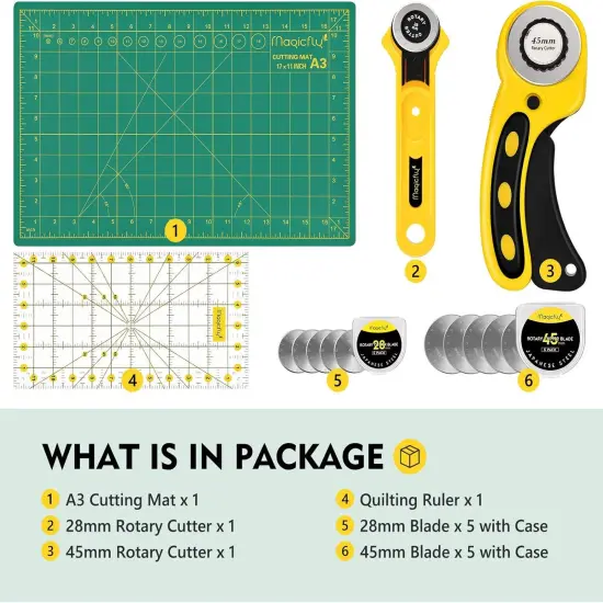 Rotary Cutter Set, 45mm and 28mm Fabric Cutters Kit with Extra 10 Blades, A3 Double-sided Self Healing Cutting Mat, 12x6 Inch Quilting Ruler for Sewing, Fabric Cutting, Art Crafting {5}