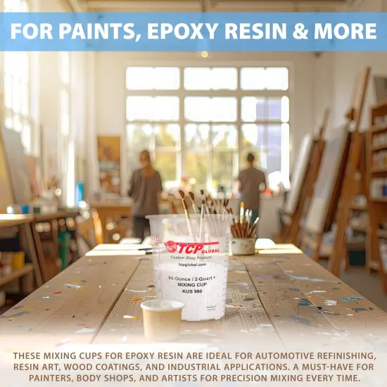 Paint Mixing Cups, 64-Ounce (Box of 100) - Plastic Measuring Cups for Liquids, Automotive Painting, Epoxy Resin, Acrylic Arts, Crafts, Disposable or Reusable, Graduated, Mixing Ratios {6}