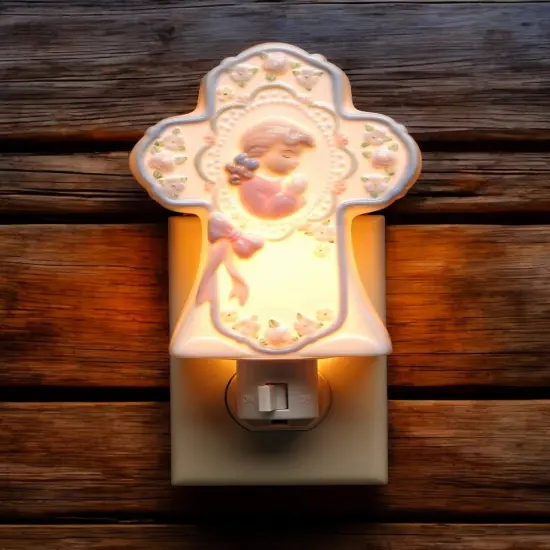 Ceramic Praying Girl on Cross Plug-In Nightlight, Religious Gift or Decor, Baptism Gift {1}