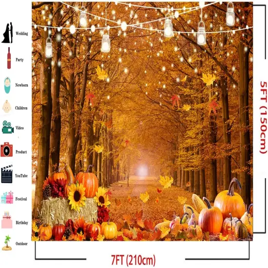 7x5ft Fall Backdrop - Maple Leaves Pumpkin Background {3}