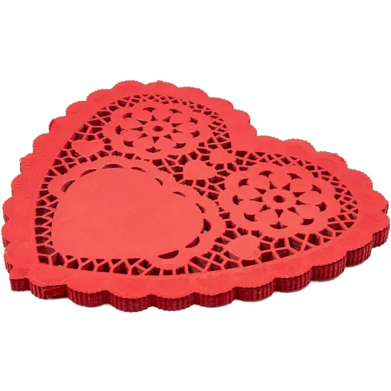Juvale 100 Pack Red Paper Doilies, Heart Shaped Placemats for Crafts and Parties, Valentine’s Day Decorations, 10 x 9 Inch Cutout Paper Lace Heart Doilies {4}
