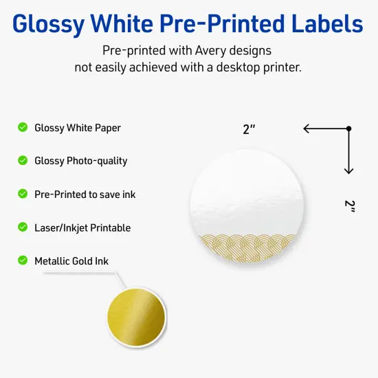 Avery Printable Round Labels with Sure Feed Technology, Pre-Printed Gold Lace Trim Pattern, Glossy White, 2" Diameter, Laser & Inkjet Compatible, 120 Total, Great for Branding, Marketing, and Events {2}