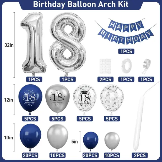18th Birthday Decorations Navy Blue Silver,18th Birthday Balloon Garland Party Decorations with Number 18 Foil balloons,Happy Birthday Banner for Boys Girls 18th Birthday Party Decorations {2}