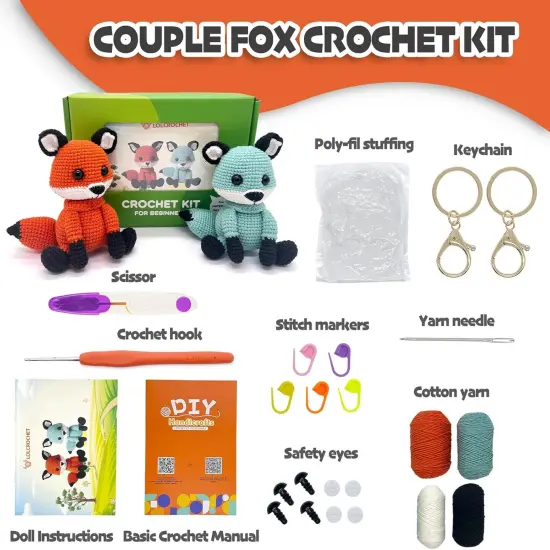 2 Pcs Fox Crochet Kit for Beginners, Couple Animals Amigurumi Starter Kit {2}