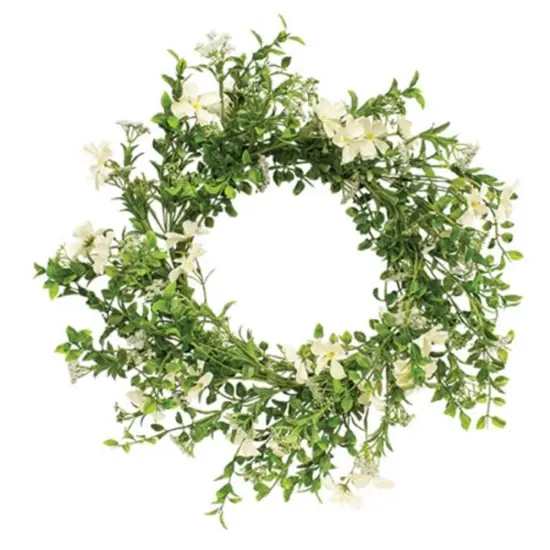 Spring Summer Door Wreath with Cream Flowers and Green Leaves 22 Inch {1}