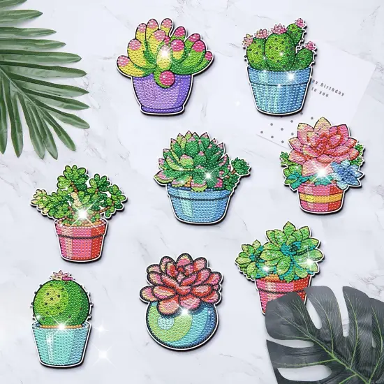 8 Pcs DIY Diamond Art Painting Green Plants Coasters with Holder, Succulent Coasters Diamond Art Kits for Adults Beginners. Diamond Craft Supplies Coasters DR04 {2}
