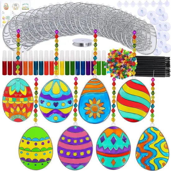 24 Sets Easter Egg Suncatchers Ornaments Decorations DIY Window Paint Art Suncatchers Egg Sun Catchers Painting Craft Kits for Kids Classroom Spring Party Activities {1}