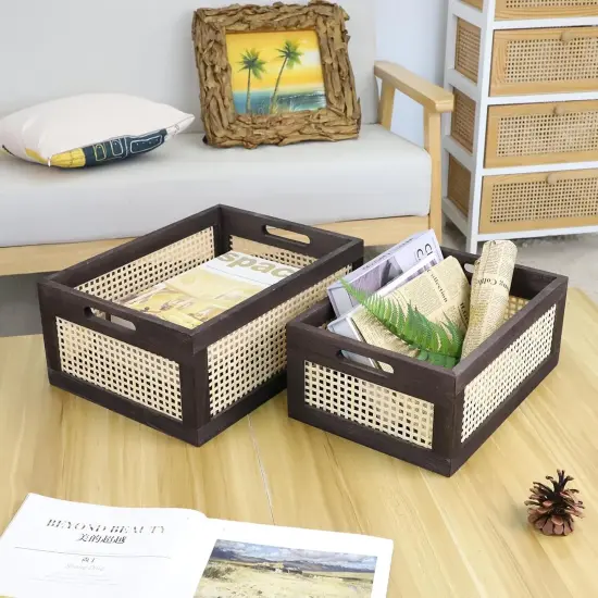 Rattan Storage Baskets, Wicker Storage Baskets for Shelves, Wooden Crate. (Brown-Set2) {4}
