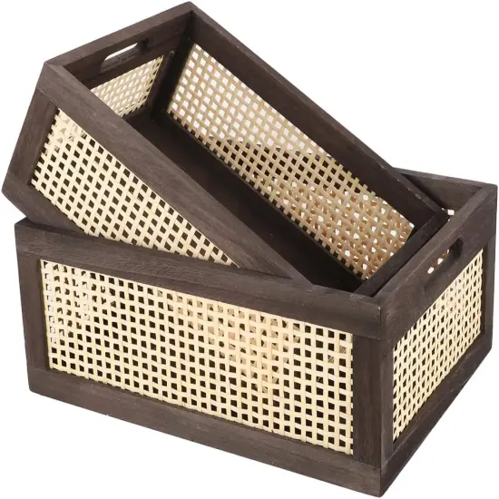 Rattan Storage Baskets, Wicker Storage Baskets for Shelves, Wooden Crate. (Brown-Set2) {1}