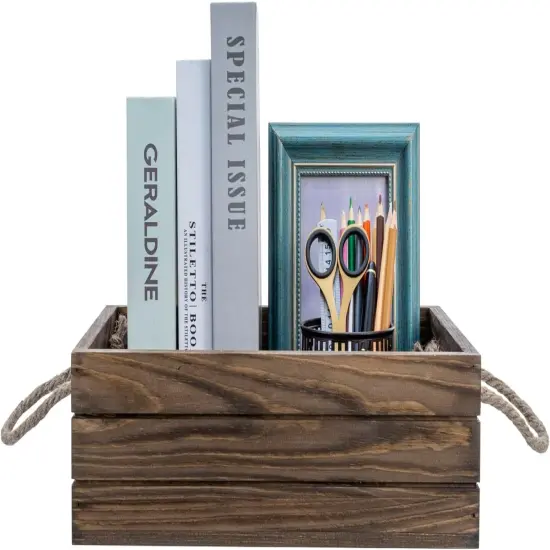 Rustic Brown Wood Decorative Storage Organizer Bin with Rope Handles, Open Top Small Crate Box for Bathroom Accessories, Books, Crafts, Fruits {4}
