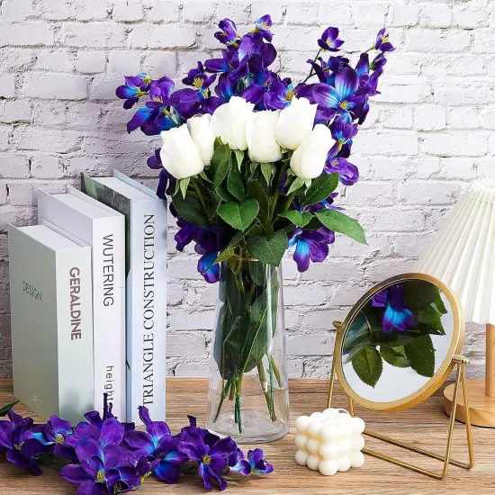 8 Pieces 27 Inches Artificial Purple Blue Orchid Faux Flowers Purple Orchids Silk Flowers for Wedding Dinning Home Restaurant Decoration Bridal Bouquet Corsage Boutonniere Wreath Decor {5}