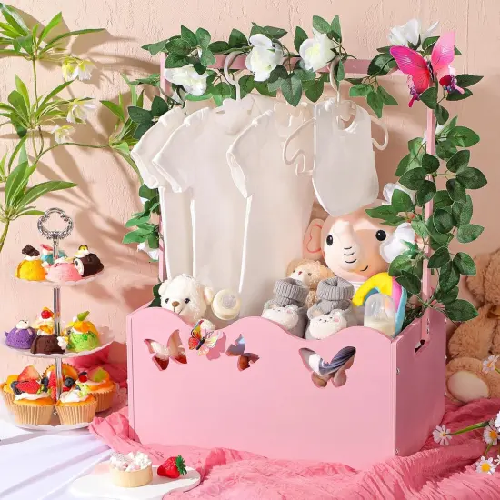 Wooden Crate for Baby Shower Storage Crate Basket with Handle Baby Registry Hamper Pregnancy Gift for New Parent(Pink,Butterfly) {4}