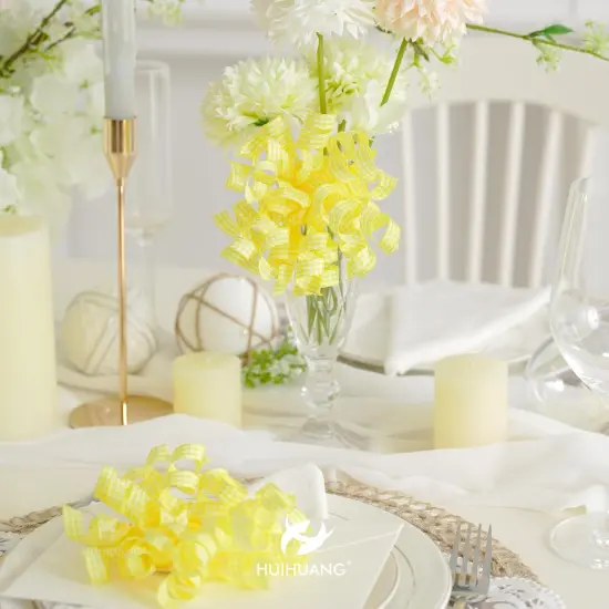 Yellow Bows for Gift Wrapping Self Adhesive Gift Bows Plaid Curly Ribbon Bow for Presents, Treat Bags, Party Favors, Holiday Easter Decor, Wrapping Accessories -5 inch x 8 Counts {4}