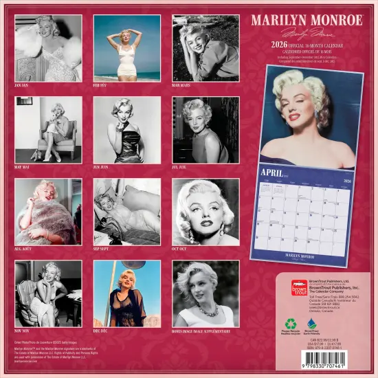 Marilyn Monroe OFFICIAL | 2026 12 x 24 Inch (Hanging) Monthly Square Wall Calendar | English/French Bilingual {2}