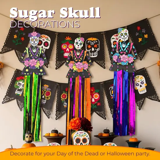 4E's Novelty Day of The Dead Hanging Decorations &ndash; 3 Pack 36" Sugar Skull Banners, Dia de Los Muertos Indoor Outdoor Party Supplies, Halloween Vertical Backdrop for Home, Yard, Door, Window Decor {6}