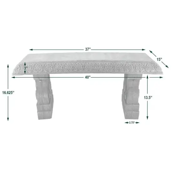 Fiber Clay Resin Outdoor Bench with Flower Engraved Design Perfect for Deck or Patio Garden Grey {2}