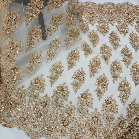 1 Yard Red Beaded Embroidered Lace Fabric on 100% Polyester Mesh, 50" Width Coral {4}