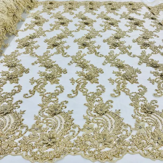 1 Yard Beaded 3D Floral Lace Fabric on 100% Polyester Net Mesh, Dusty Rose, 52" Wide, Elegant Embroidered Lace Fabric Gold {1}