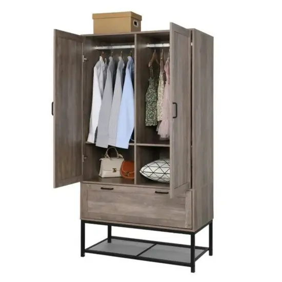 Tall Freestanding Wardrobe Closet with Hanging Rods and Storage Drawer for Bedroom or Entryway {4}