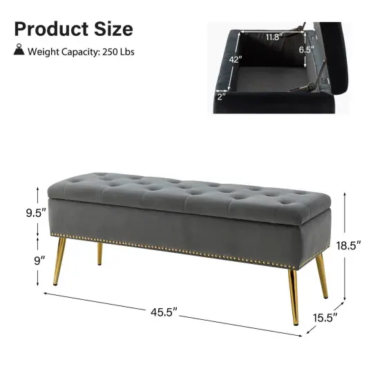 Upholstered Velvet Storage Bench with Tufted Seat and Gold Metal Legs Grey {5}