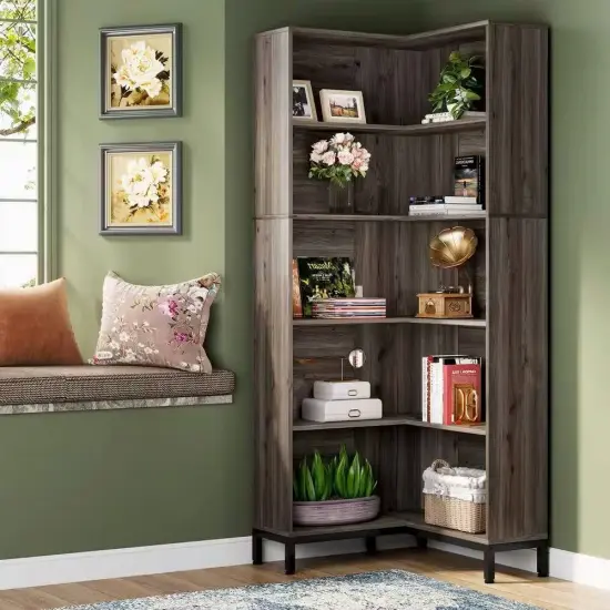 71" Dark Grey Wood Freestanding Corner Etagere Bookshelf with Closed Back and 5-Tier Shelves {5}