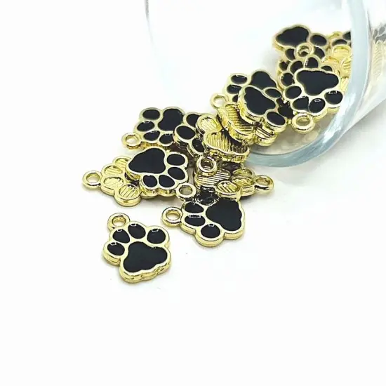 Black Enamel and Gold Paw Print Charms, 15x12mm {1}