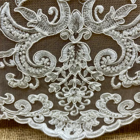 1 Yard Beaded & Corded Embroidered Bridal Lace Fabric, 52&rdquo; Wide Polyester Mesh Net Dark Ivory {5}