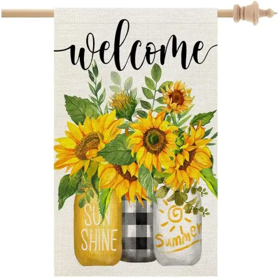 Summer Sunflower House Flag Mason Jar Double Sided 28x40 Inches Large Burlap Seasonal Welcome Yard Porch Decoration for Outside {4}