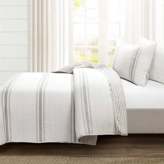 Soft and Breathable Cotton Stripe Quilt Pillow Shams Set with Reversible Bedding for All Seasons {4}