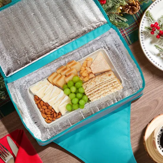 Thermal Insulated Casserole Carrier - Food Warmer Bag Container to Keep Food Hot for Lunch, Potluck Dish, Picnics, Pie, Transport (Teal and Gray, 16x10x4 in) Blue {2}