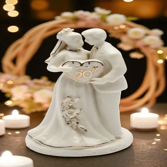 50th Anniversary Milestone-The Golden Wedding Anniversary-Hand Crafted Ceramic Cake Topper with Golden Accents, Anniversary Décor, Anniversary Party Gift, 50th Celebration {1}