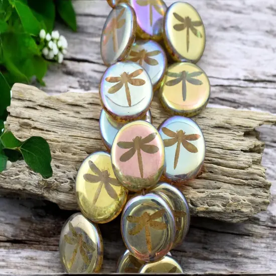 *8* 17mm Amber Picasso AB Laser Tattoo Dragonfly Coin Beads {4}