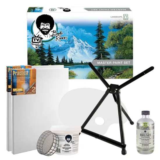 Bob Ross Master Paint Set Artist Bundle - Includes Travel Easel, Pre Stretched Painting Canvas, Natural Brush Cleaner, Clear Acrylic Palette, and Cleaning Bucket & Screen {1}
