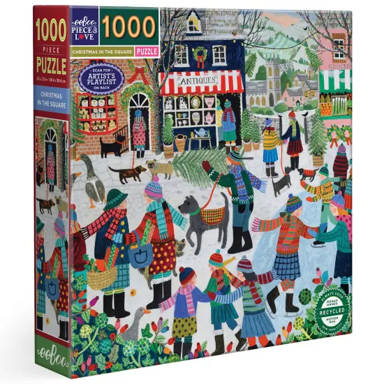 eeBoo Piece & Love: Christmas in the Square - 1000 Piece Puzzle, 23" Square Adult Jigsaw, Cozy Small Town Holiday Winter Scene, Image Reference Insert {1}