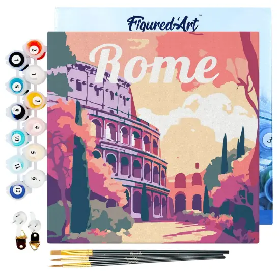 Figured'Art Mini Paint by Numbers Kit for Adults with Frame Travel Poster Rome Small format 8"x8" - Craft Art Painting DIY Canvas Already Stretched on a Wooden Frame {1}