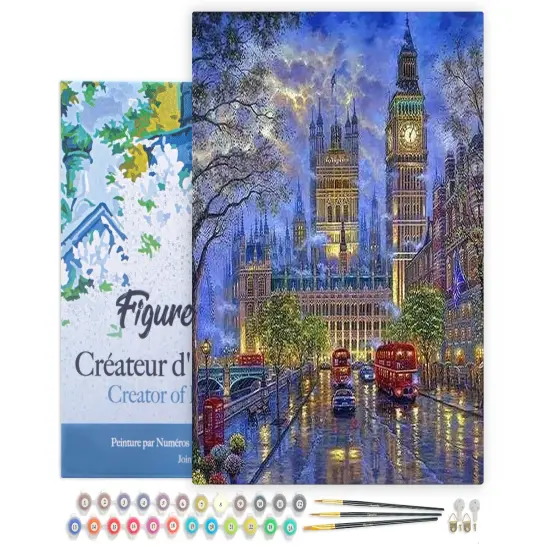 Figured'Art Paint by Numbers for Adults with Frame London in the dusk 16"x20" - Craft Art Painting DIY Kit Canvas Already Stretched on a Wooden Frame {1}