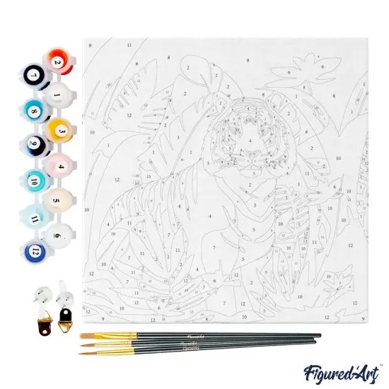 Figured'Art Mini Paint by Numbers Kit for Adults with Frame Tropical Bengal Tiger Small format 8"x8" - Craft Art Painting DIY Canvas Already Stretched on a Wooden Frame {4}