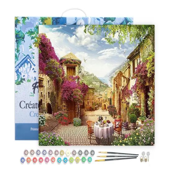 Figured'Art Paint by Numbers for Adults with Frame Breakfast in a Mediterranean village 16"x20" - Craft Art Painting DIY Kit Canvas Already Stretched on a Wooden Frame {1}