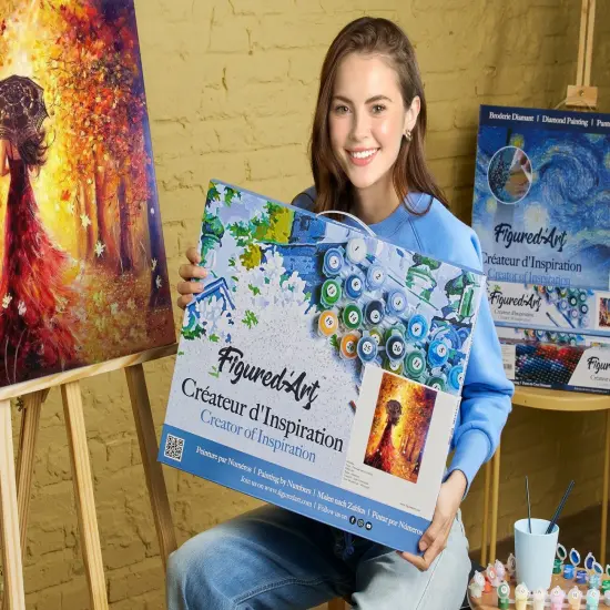 Figured'Art Paint by Numbers Kit for Adults with Frame Autumn Forest and Woman with Umbrella 16"x20" - Craft Art Painting DIY Kit Canvas Already Stretched on a Wooden Frame {2}