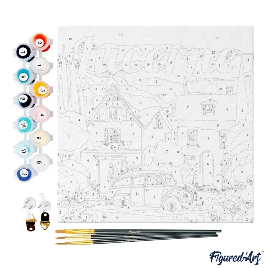 Figured'Art Mini Paint by Numbers Kit for Adults with Frame Travel Poster Lucerne Small format 8"x8" - Craft Art Painting DIY Canvas Already Stretched on a Wooden Frame {4}