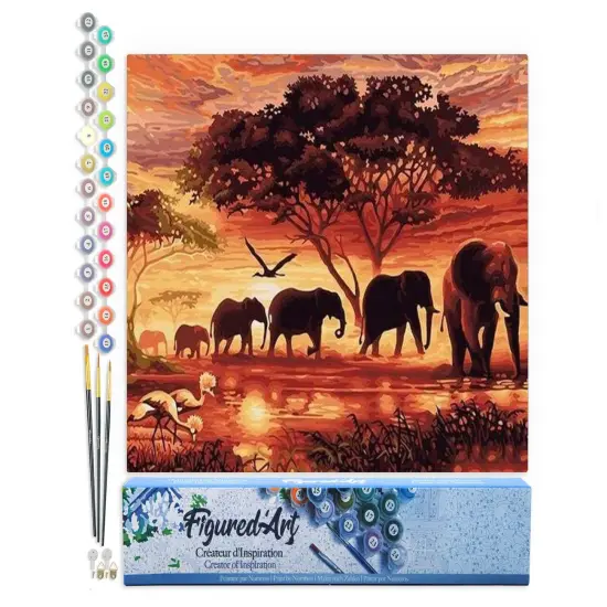 Figured'Art Paint by Numbers Kit for Adults Elephants at Sunset 16"x20" - Craft Art Painting DIY Kit Rolled Canvas without frame {1}