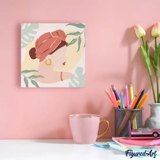 Figured'Art Mini Paint by Numbers Kit for Adults with Frame Abstract Woman in Blush Red Turban Small format 8"x8" - Craft Art Painting DIY Canvas Already Stretched on a Wooden Frame {2}