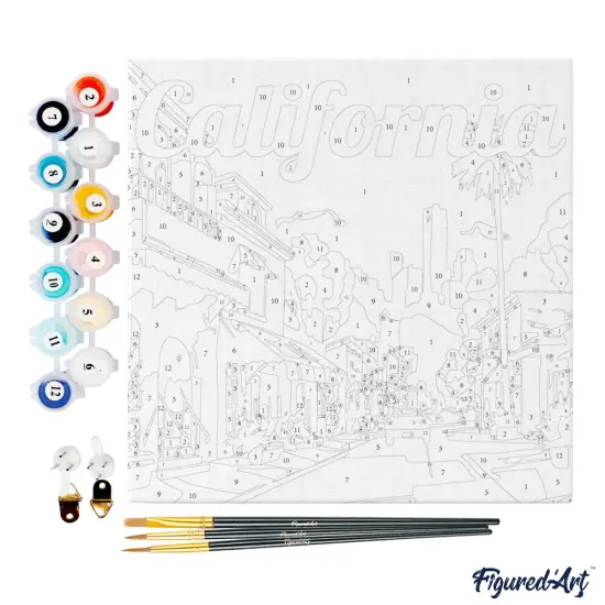 Figured'Art Mini Paint by Numbers Kit for Adults with Frame Travel Poster California Street Small format 8"x8" - Craft Art Painting DIY Canvas Already Stretched on a Wooden Frame {4}