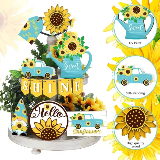 12 Pcs Sunflower Tiered Tray Decor Wooden Summer Tiered Tray Items Truck Gnomes Trays Signs Spring Summer Fall Tabletop Signs for Home Farmhouse Rustic Kitchen Decorations (Sunflower) {4}