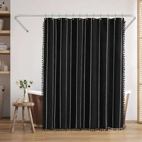 Americanflat 71x71 Woven Linen Shower Curtain with Tassel Accents - Includes 12 Grommets and Hooks - 100% Polyester {7}